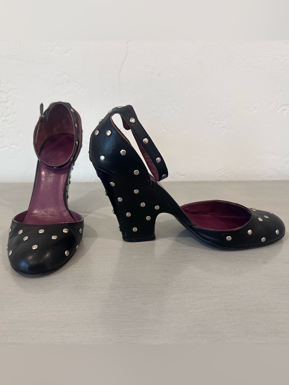Marc Jacobs Black Leather Studded Ankle Strap Heels